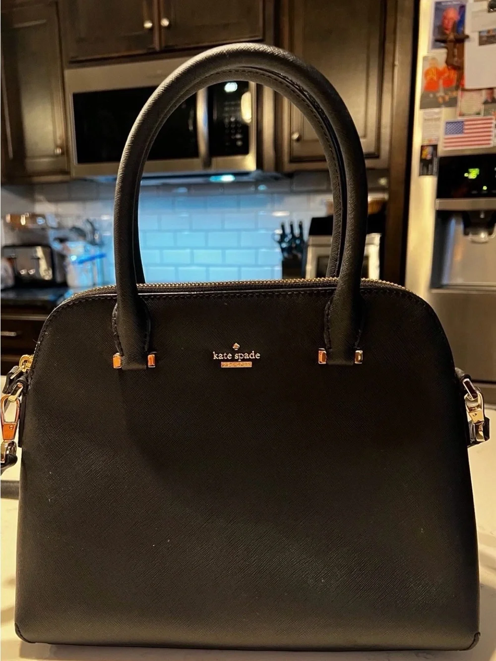 kate spade black leather dome satchel with gold hardware